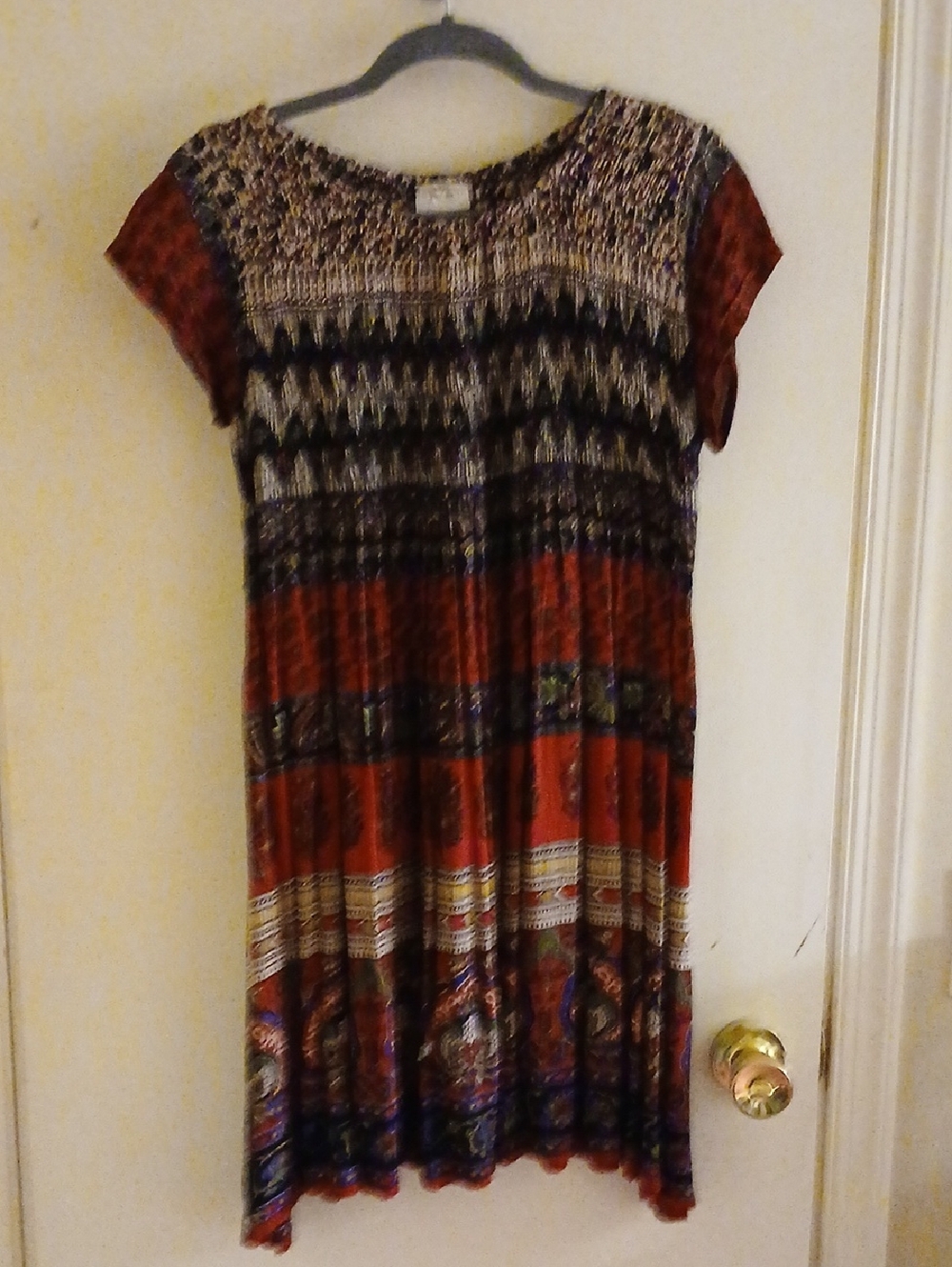 Boho Red Patterned Short Sleeve Midi Dress/Tunic